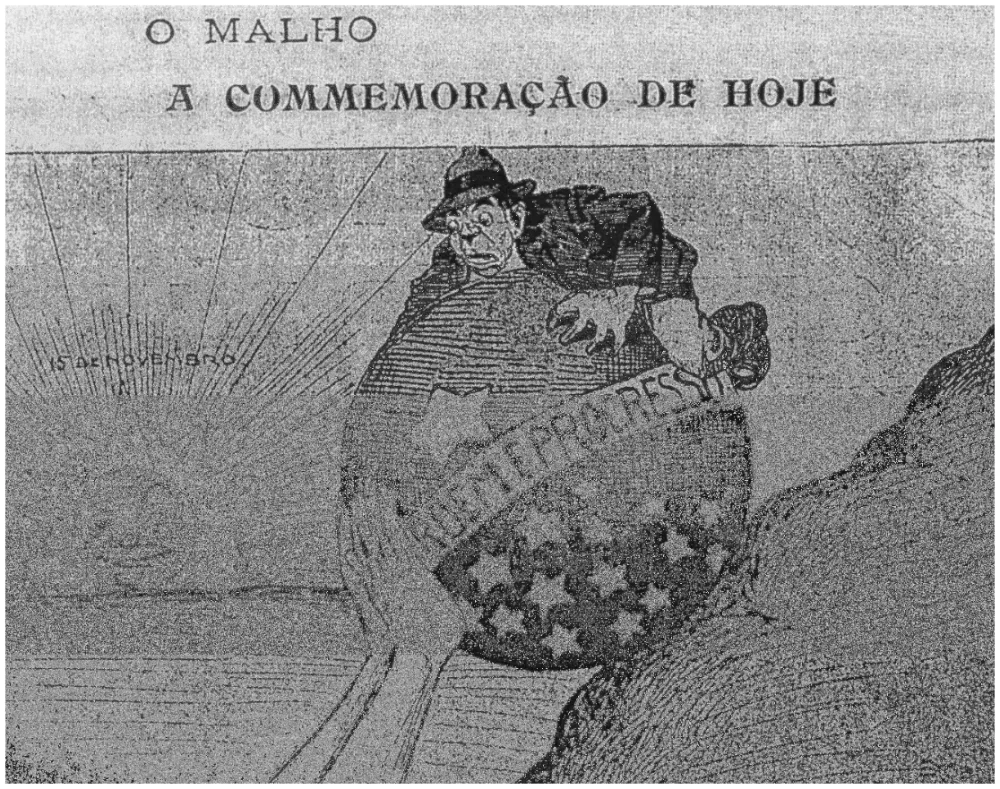 Charge “A comemoração de hoje”, publicada em O Malho em 15 de novembro de 1913.