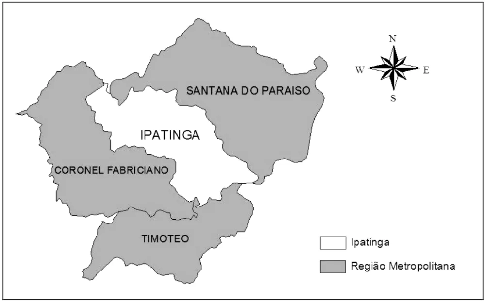 Mapa da região metropolitana com Ipatinga, Santana do Paraíso, Coronel Fabriciano e Timóteo.
