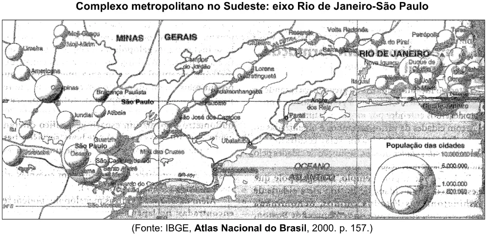 Mapa do complexo metropolitano do Sudeste, eixo Rio de Janeiro–São Paulo, com legenda e fonte.