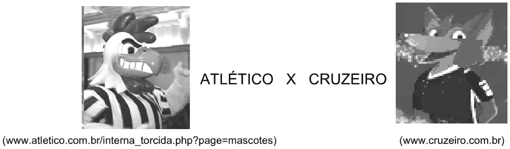 Mascotes do Atlético e do Cruzeiro: galo e raposa, com as fontes das imagens.