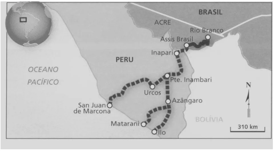 Mapa do traçado da rodovia transoceânica entre Rio Branco e o Oceano Pacífico.