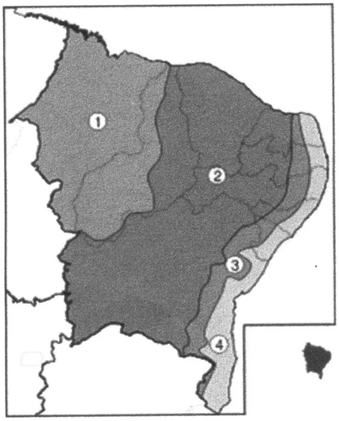Mapa das quatro sub-regiões do Nordeste, identificadas pelos números 1 a 4.
