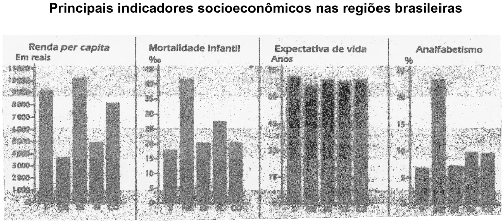 Gráficos de renda per capita, mortalidade infantil, expectativa de vida e analfabetismo nas regiões brasileiras.