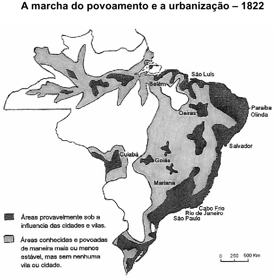 Mapa da marcha do povoamento e da urbanização do Brasil em 1822, com legenda e escala.