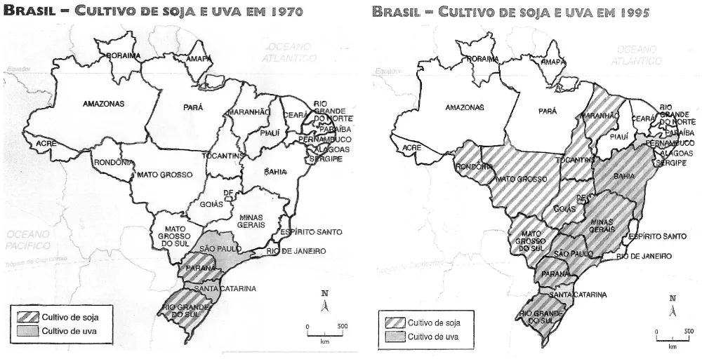 Mapas do cultivo de soja e uva no Brasil em 1970 e 1995, com legendas e escalas.