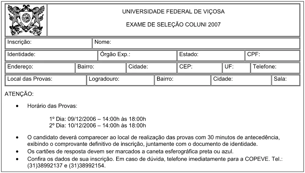 Ficha de inscrição do exame COLUNI 2007 com campos de endereço e local de prova.
