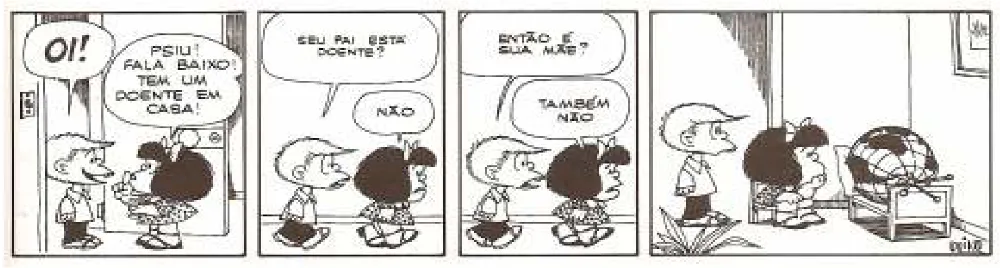 Tirinha de Mafalda com o globo terrestre representado como um paciente.