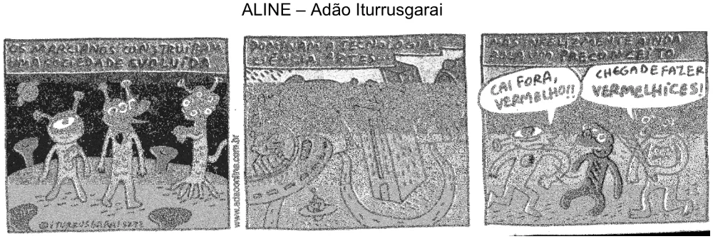 Tirinha Aline, de Adão Iturrusgarai, sobre diferenças e preconceito.
