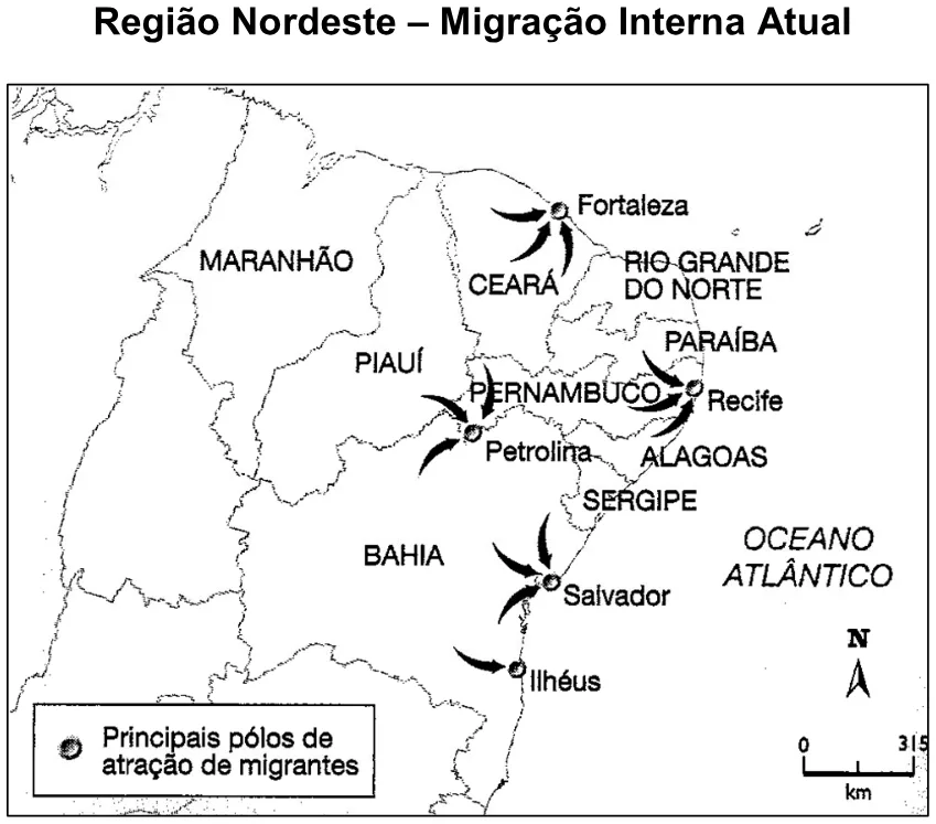 Mapa da migração interna na região Nordeste, com os principais polos de atração de migrantes.