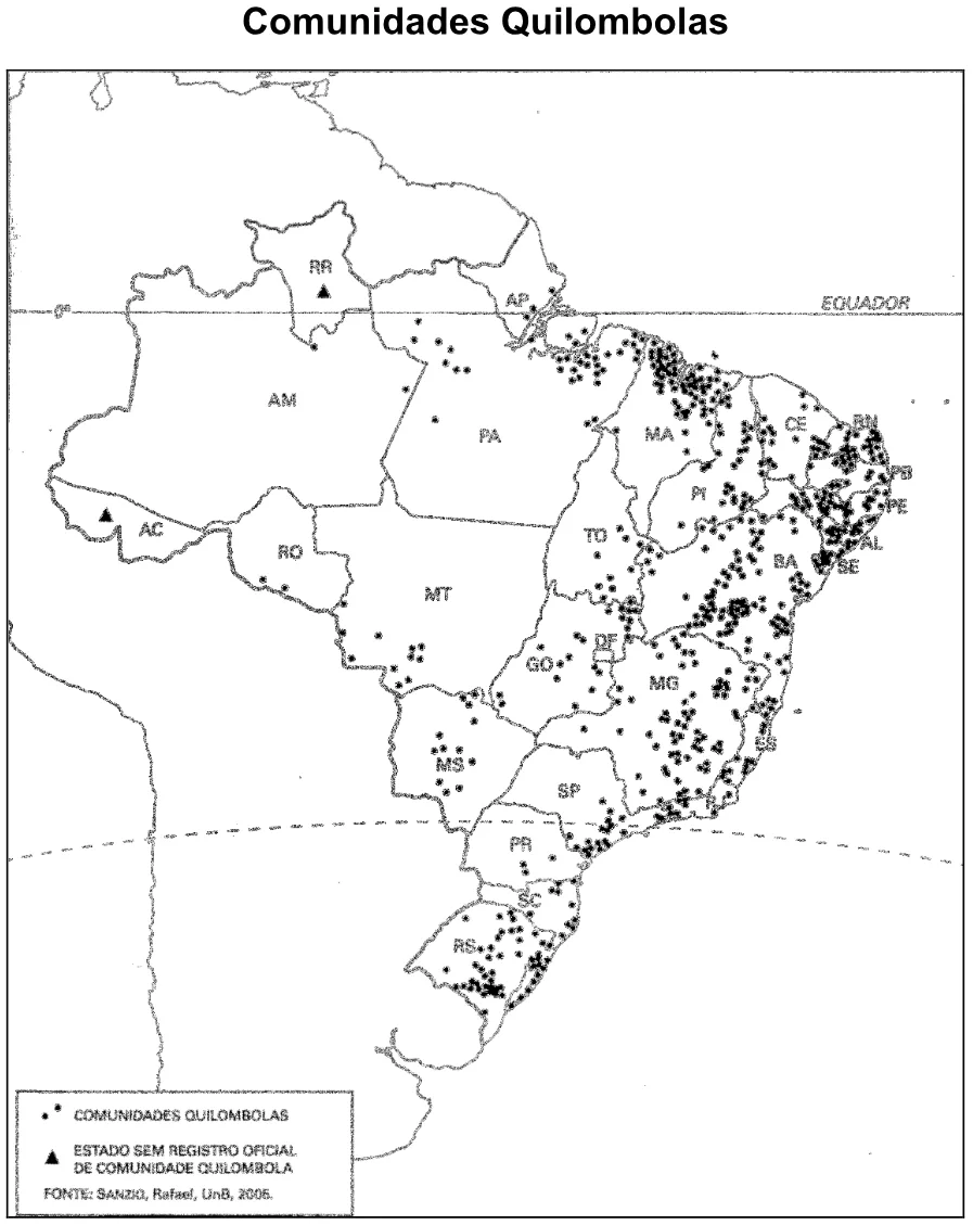 Mapa das comunidades quilombolas do Brasil, com legenda.
