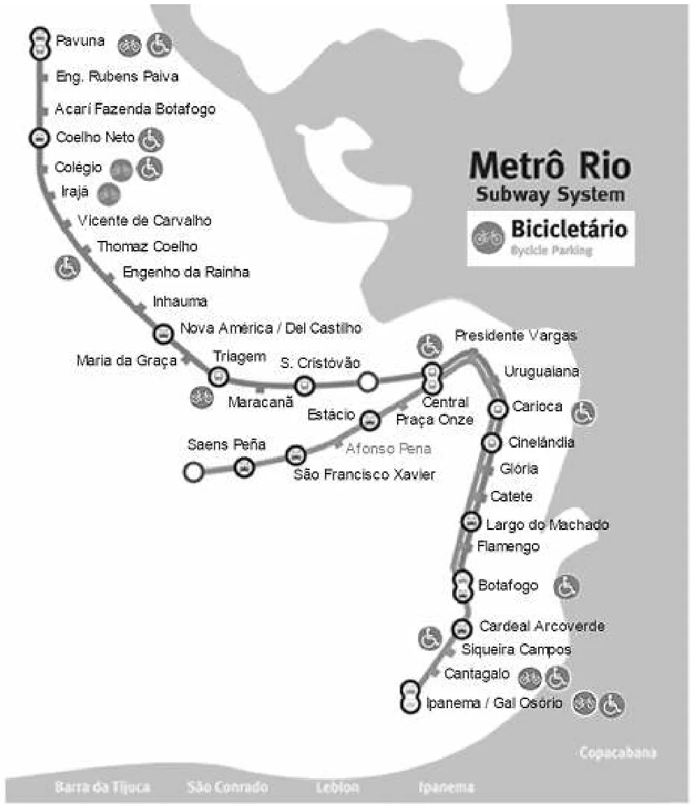 Mapa das estações do metrô do Rio de Janeiro com símbolos de acessibilidade.