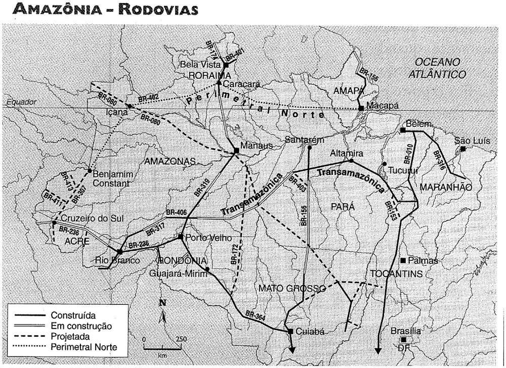 Mapa Amazônia — Rodovias, com traçados e legenda das estradas.