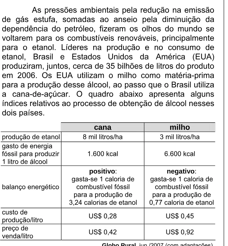 Trecho original com figura, tabela ou fórmula da questão 58 do ENEM 2007 - Caderno Amarelo.