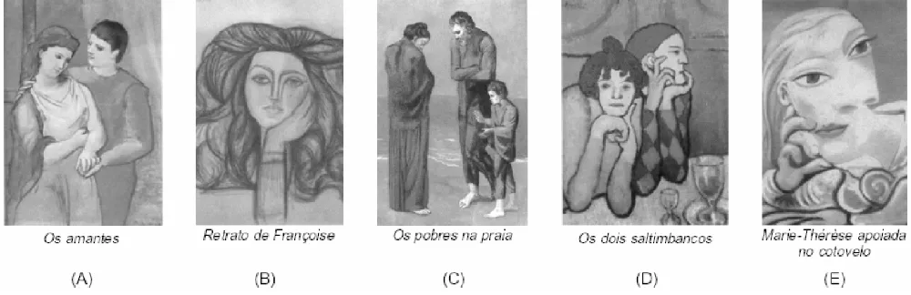 Cinco obras de Picasso identificadas de A a E.