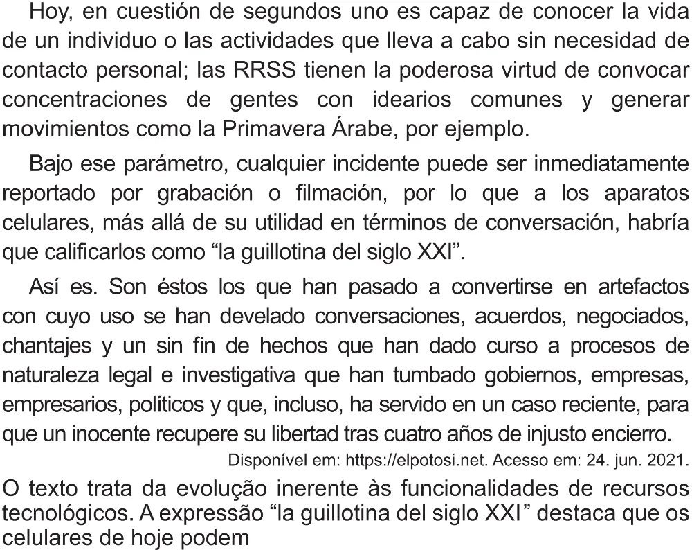 Trecho original com figura, tabela ou fórmula da questão 1 (espanhol) do ENEM 2021 - 1º Dia – Caderno 2 – Amarelo (Superampliada) – Aplicação Regular.