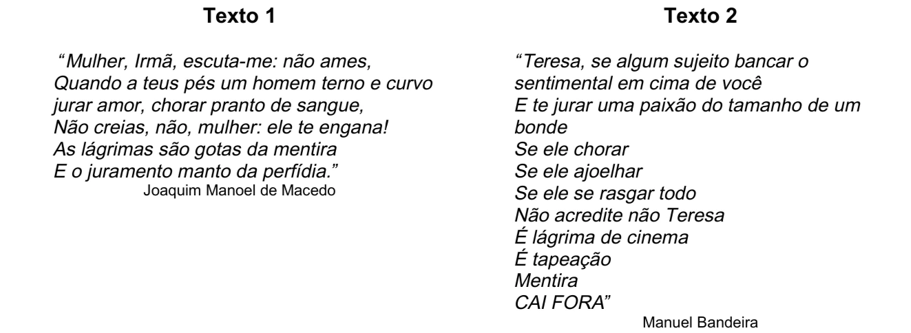 Textos 1 e 2 usados na questão 8 do ENEM 1998: poema de Joaquim Manuel de Macedo e poema de Manuel Bandeira sobre lágrimas e relações amorosas.