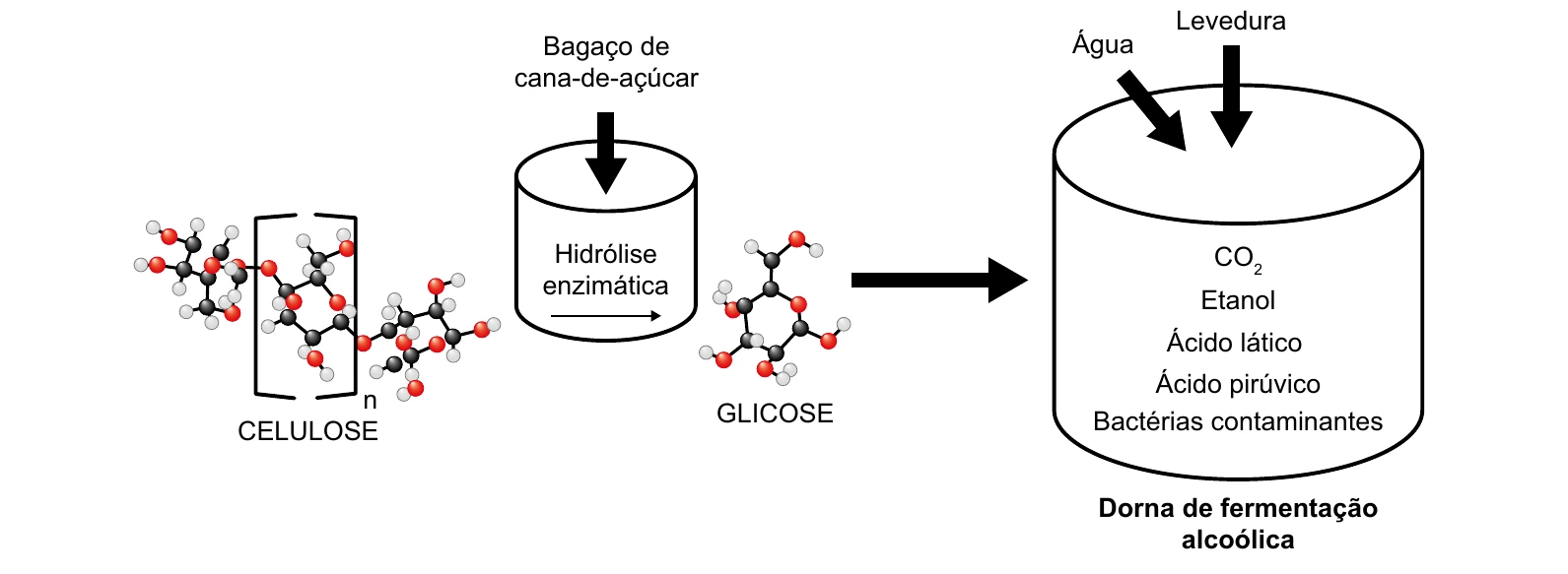 Diagrama completo da produção de etanol de segunda geração, da celulose à dorna de fermentação, questão 118 do ENEM 2023.