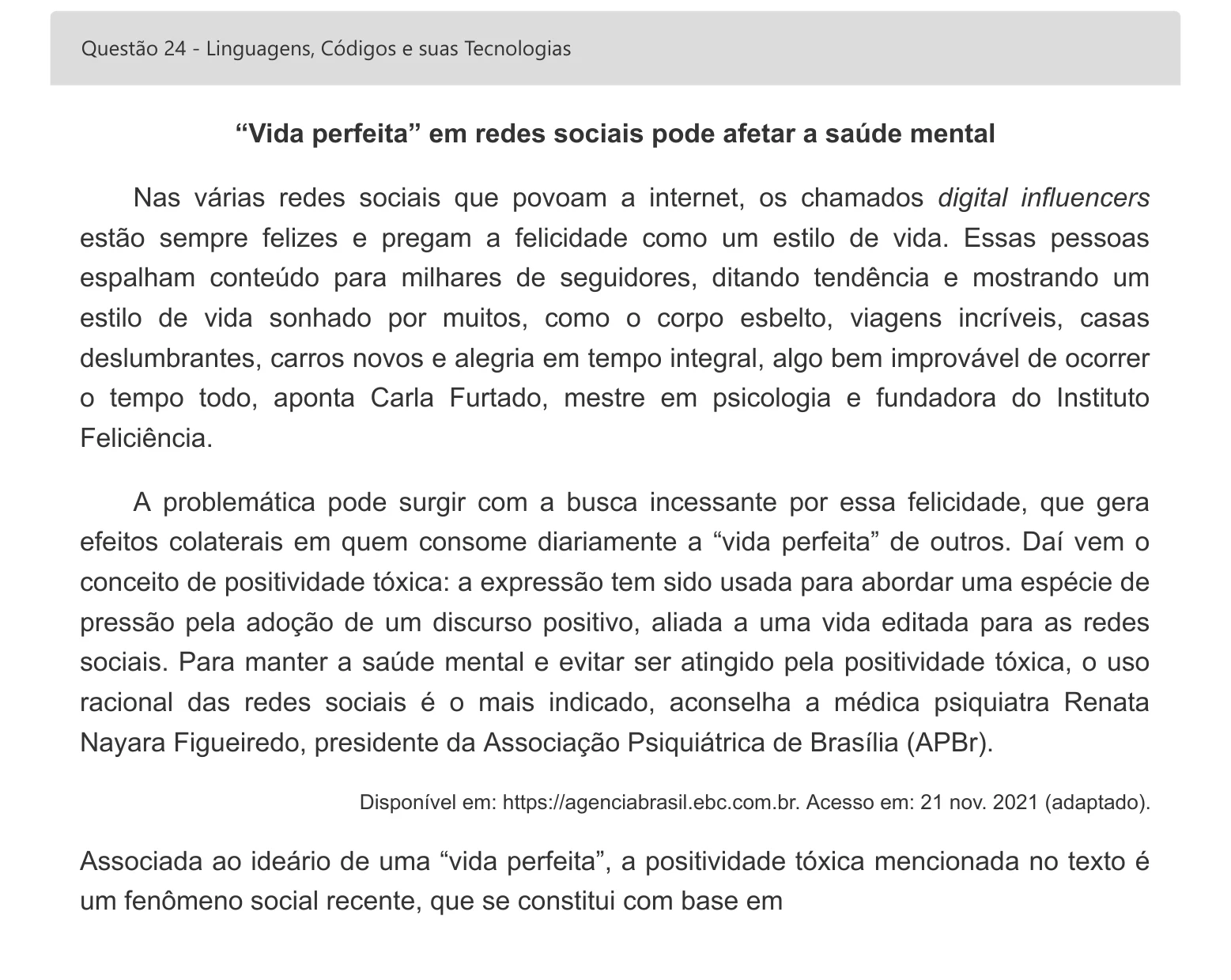 Enunciado visual completo da questão 24 do ENEM 2022 - 1º Dia – Caderno 4 – Rosa – Espanhol – Aplicação digital, página 34.