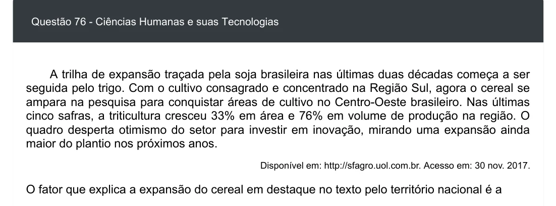 Enunciado visual completo da questão 76 do ENEM 2020 - 1º Dia - Caderno 3 – Branco – Inglês – Aplicação digital, página 84.