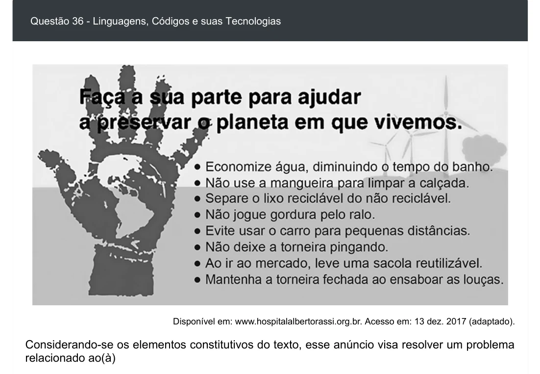 Enunciado visual completo da questão 36 do ENEM 2020 - 1º Dia - Caderno 3 – Branco – Inglês – Aplicação digital, página 41.