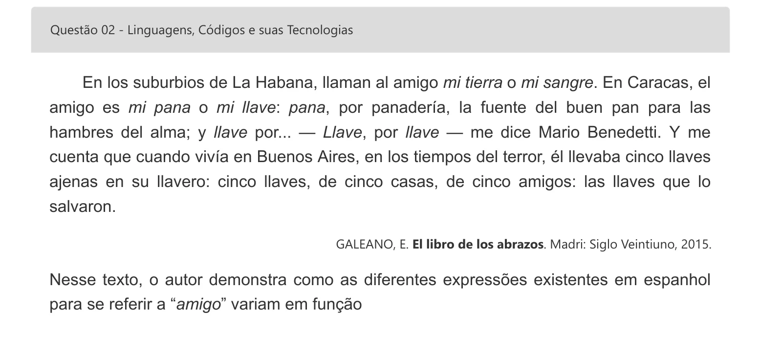 Enunciado visual completo da questão 2 do ENEM 2022 - 1º Dia – Caderno 4 – Rosa – Espanhol – Aplicação digital, página 8.