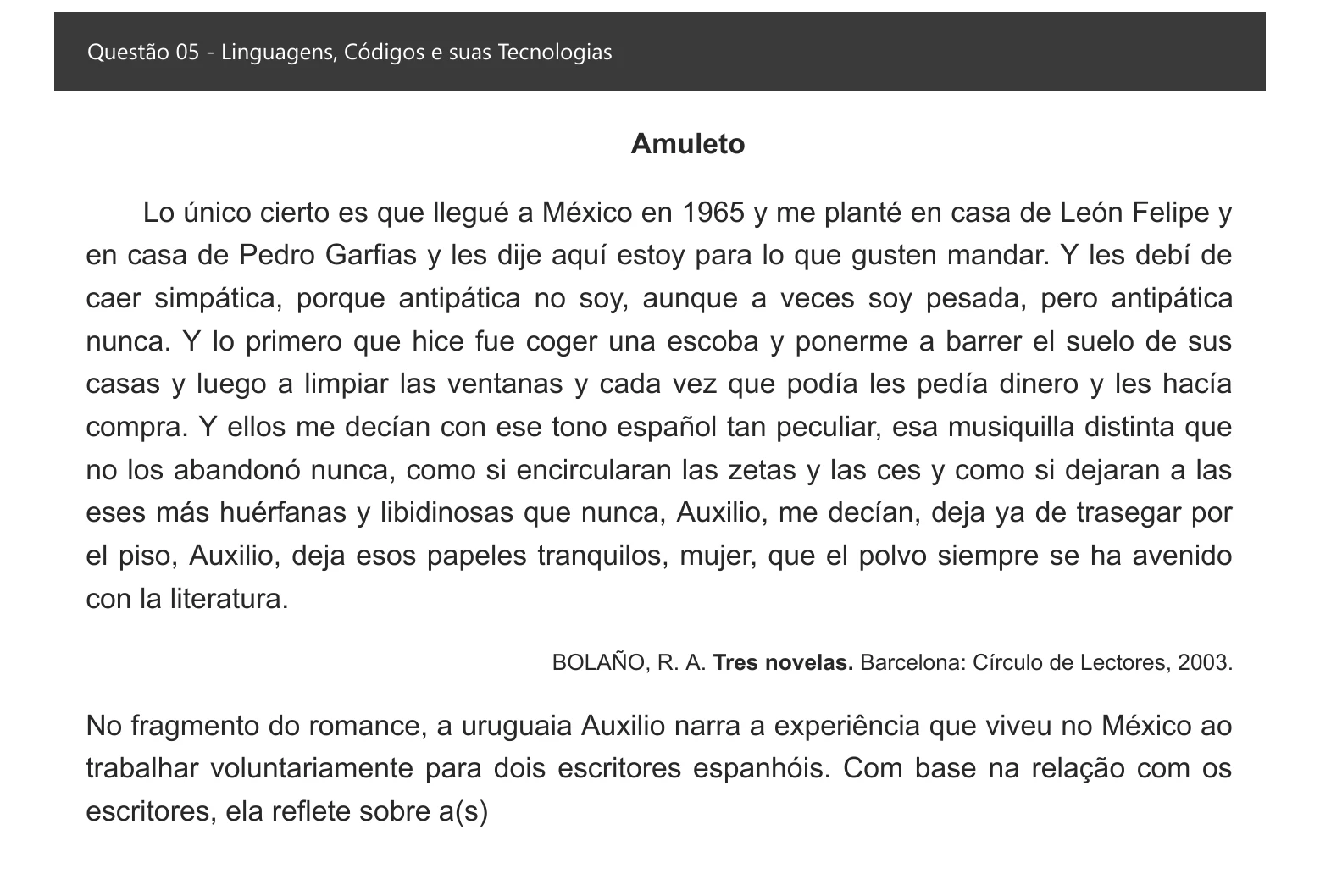 Enunciado visual completo da questão 5 do ENEM 2021 - 1º Dia – Caderno 2 – Amarelo – Espanhol – Aplicação digital, página 10.