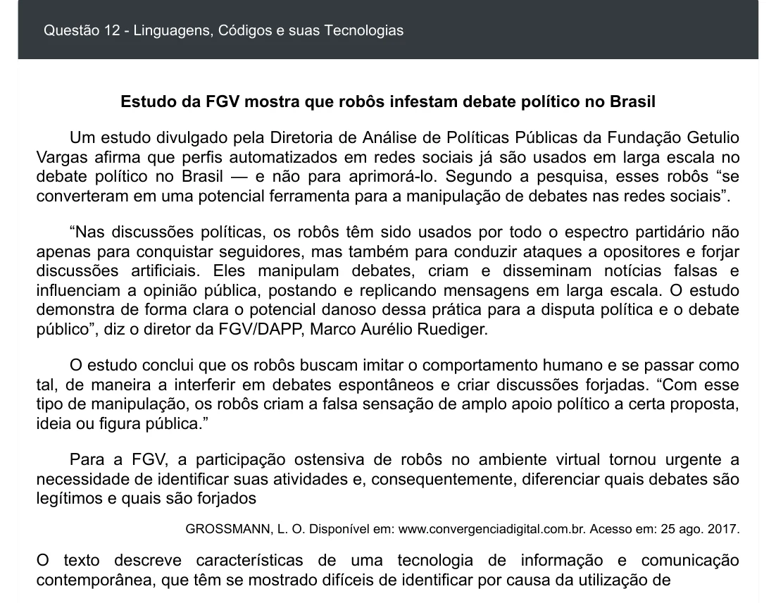 Enunciado visual completo da questão 12 do ENEM 2020 - 1º Dia - Caderno 4 – Rosa – Espanhol – Aplicação digital, página 16.