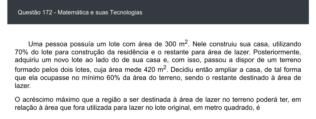 Enunciado visual completo da questão 172 do ENEM 2020 - 2º Dia - Caderno 6 – Cinza – Aplicação digital, página 88.