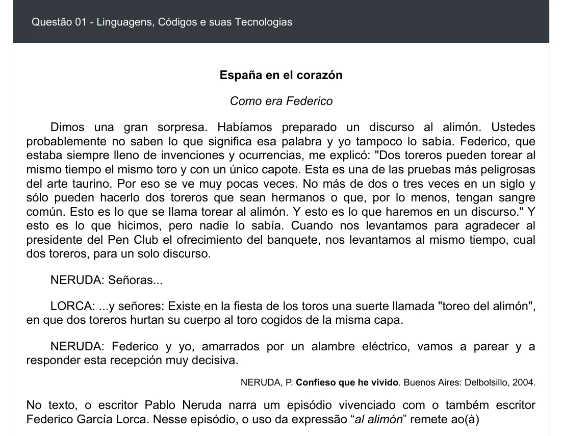 Enunciado visual completo da questão 1 do ENEM 2020 - 1º Dia - Caderno 4 – Rosa – Espanhol – Aplicação digital, página 5.