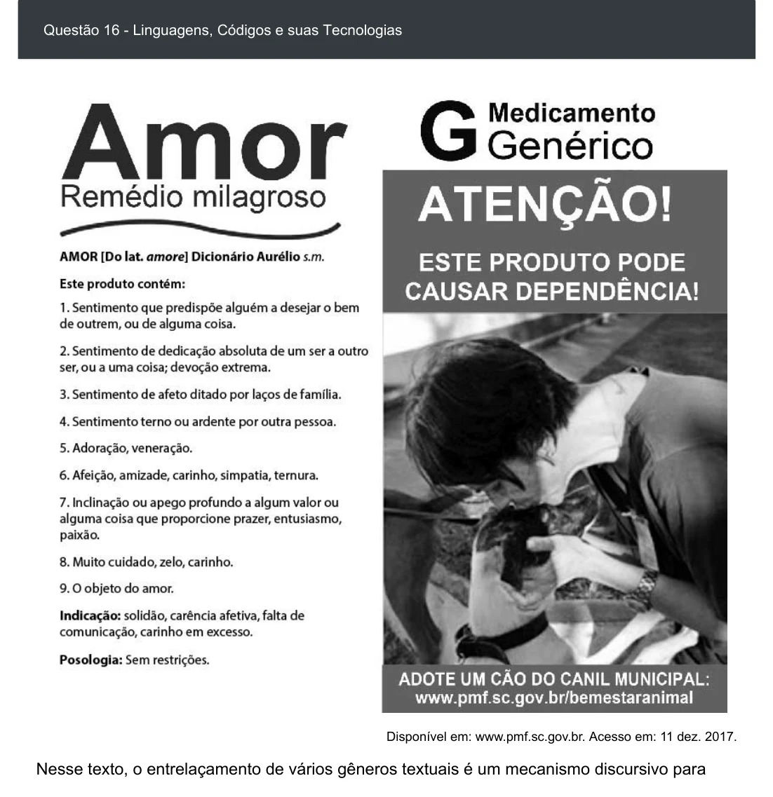 Enunciado visual completo da questão 16 do ENEM 2020 - 1º Dia - Caderno 2 – Amarelo – Espanhol – Aplicação digital, página 21.