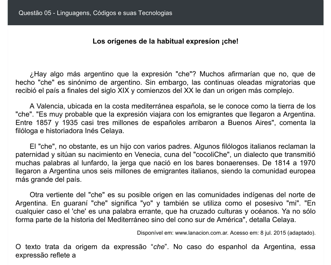 Enunciado visual completo da questão 5 do ENEM 2020 - 1º Dia - Caderno 4 – Rosa – Espanhol – Aplicação digital, página 9.