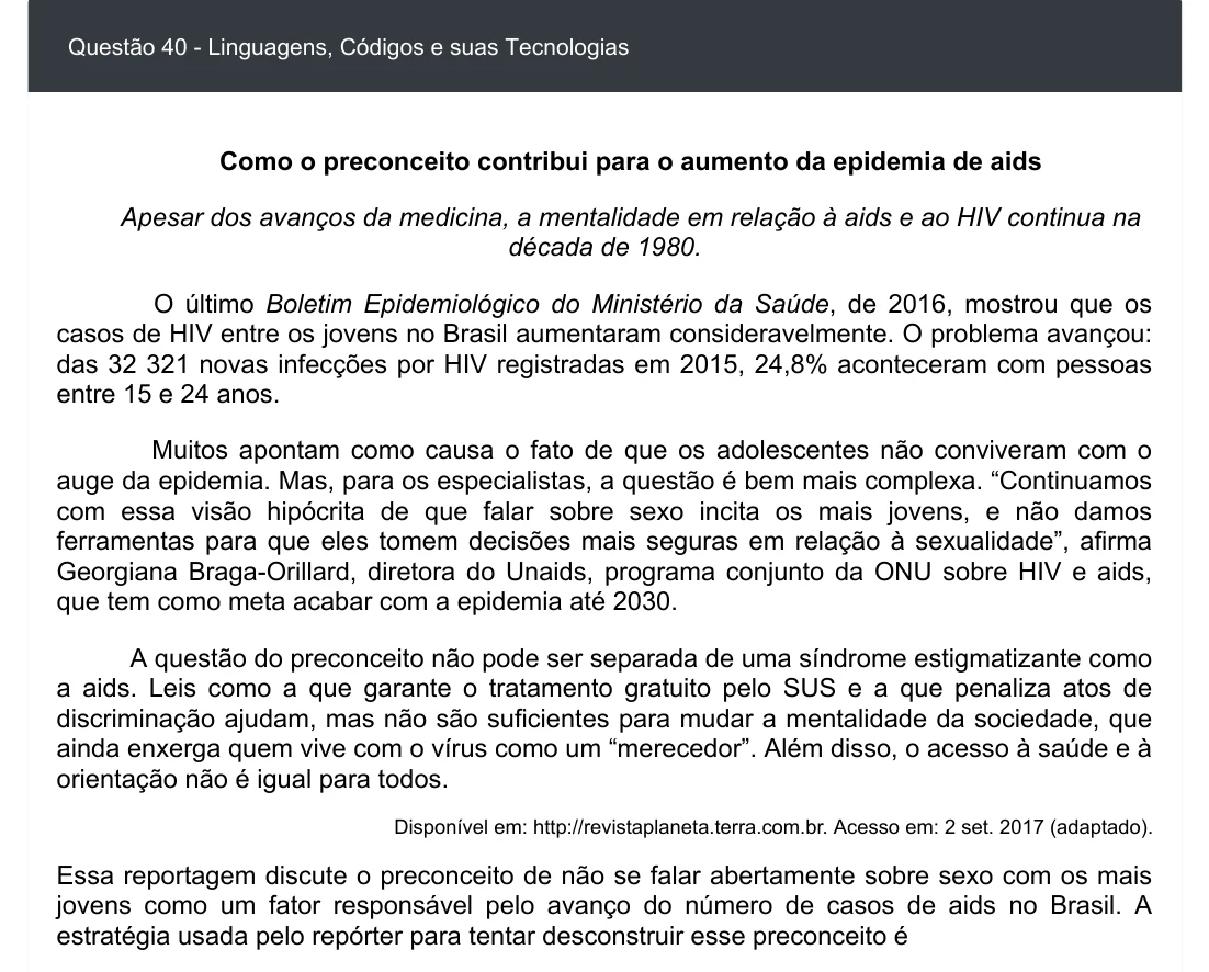 Enunciado visual completo da questão 40 do ENEM 2020 - 1º Dia - Caderno 3 – Branco – Inglês – Aplicação digital, página 45.