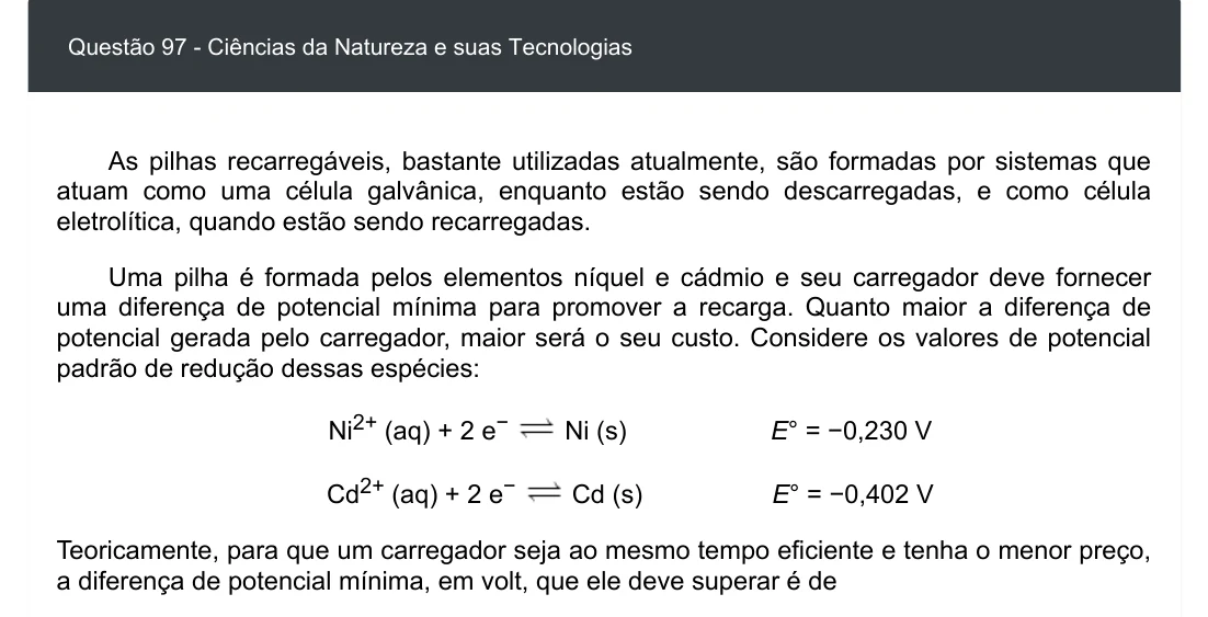 Enunciado visual completo da questão 97 do ENEM 2020 - 2º Dia - Caderno 8 – Rosa – Aplicação digital, página 11.