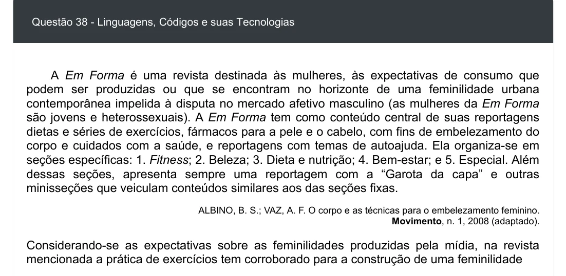 Enunciado visual completo da questão 38 do ENEM 2020 - 1º Dia - Caderno 3 – Branco – Inglês – Aplicação digital, página 43.