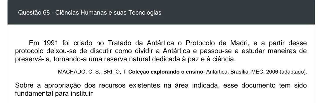 Enunciado visual completo da questão 68 do ENEM 2020 - 1º Dia - Caderno 4 – Rosa – Espanhol – Aplicação digital, página 76.