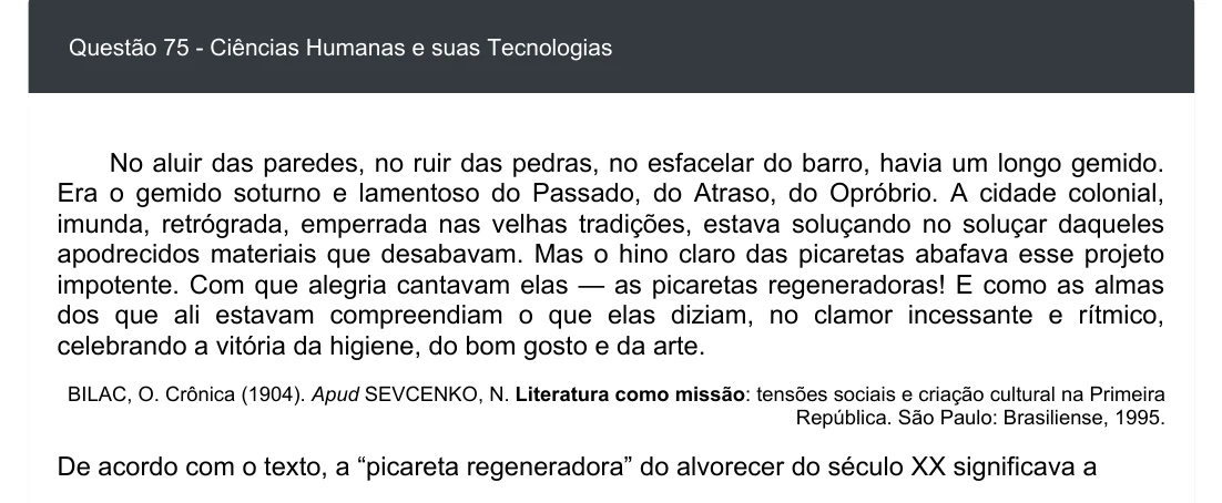 Enunciado visual completo da questão 75 do ENEM 2020 - 1º Dia - Caderno 4 – Rosa – Espanhol – Aplicação digital, página 83.