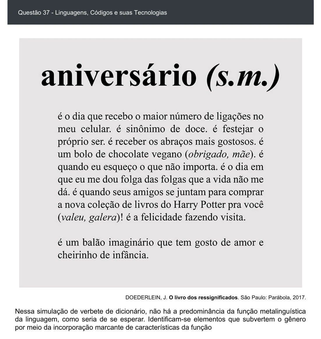 Enunciado visual completo da questão 37 do ENEM 2020 - 1º Dia - Caderno 2 – Amarelo – Espanhol – Aplicação digital, página 42.