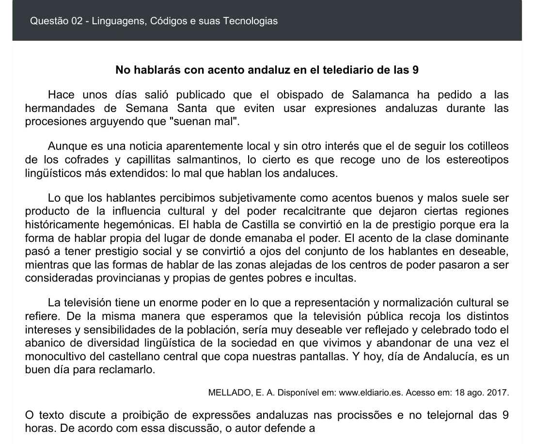 Enunciado visual completo da questão 2 do ENEM 2020 - 1º Dia - Caderno 4 – Rosa – Espanhol – Aplicação digital, página 6.