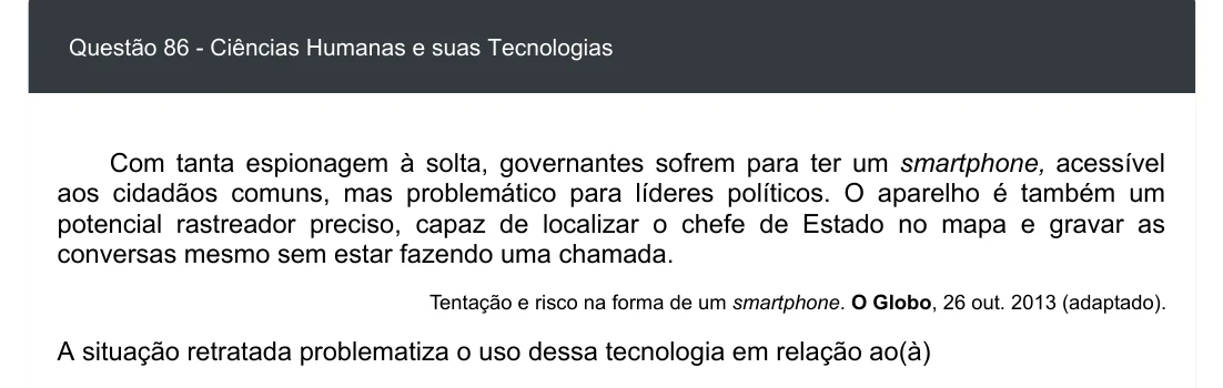 Enunciado visual completo da questão 86 do ENEM 2020 - 1º Dia - Caderno 4 – Rosa – Espanhol – Aplicação digital, página 94.