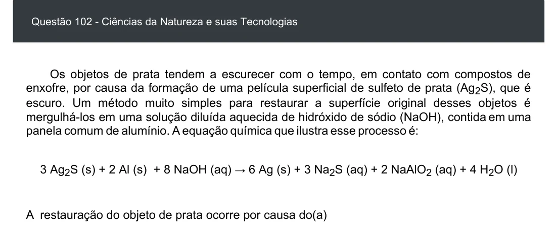 Enunciado visual completo da questão 102 do ENEM 2020 - 2º Dia - Caderno 6 – Cinza – Aplicação digital, página 16.