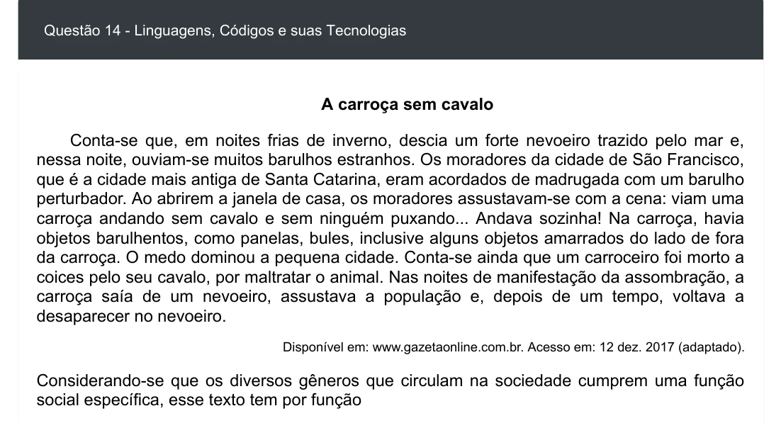 Enunciado visual completo da questão 14 do ENEM 2020 - 1º Dia - Caderno 4 – Rosa – Espanhol – Aplicação digital, página 18.