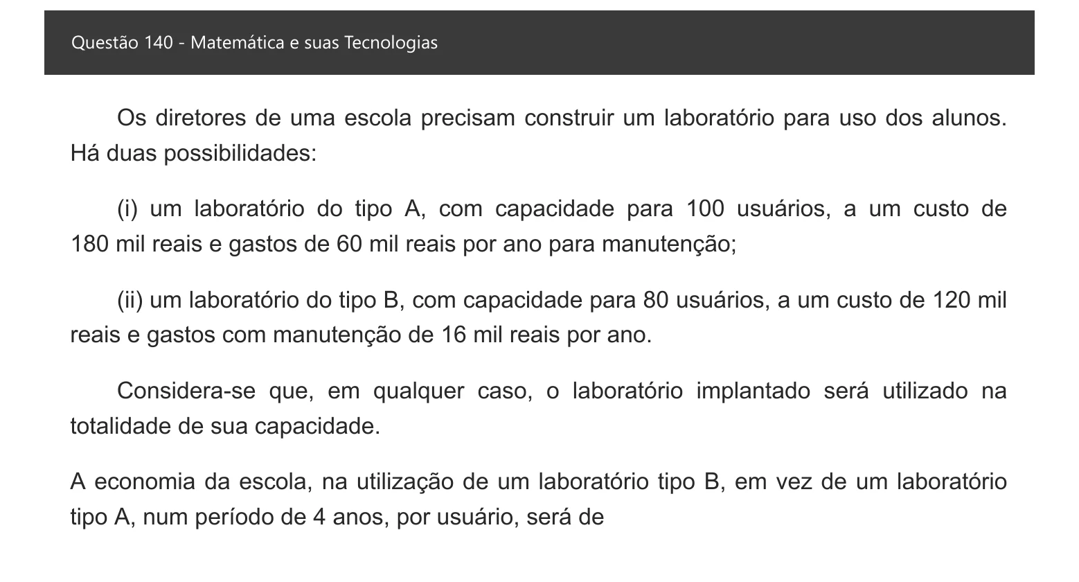 Enunciado visual completo da questão 140 do ENEM 2021 - 2º Dia – Caderno 5 – Amarelo – Aplicação digital, página 58.