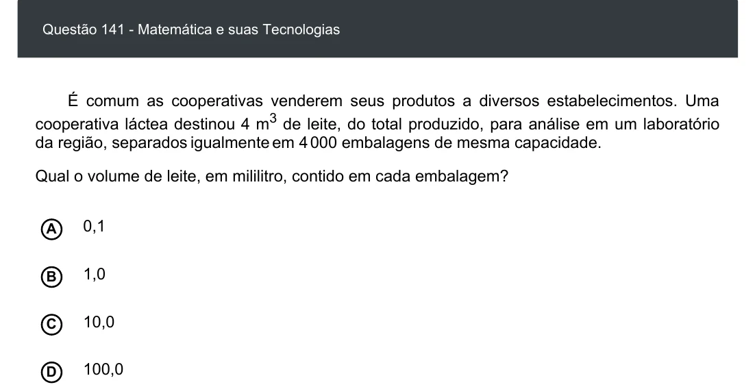 Enunciado visual completo da questão 141 do ENEM 2020 - 2º Dia - Caderno 6 – Cinza – Aplicação digital, página 56.