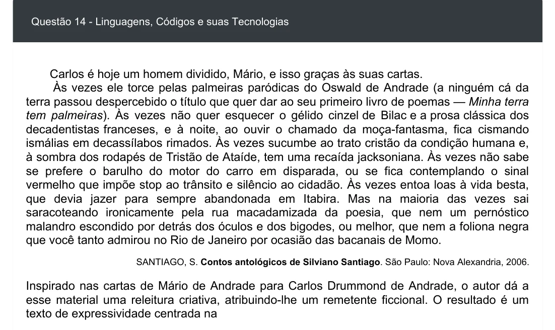 Enunciado visual completo da questão 14 do ENEM 2020 - 1º Dia - Caderno 3 – Branco – Inglês – Aplicação digital, página 18.