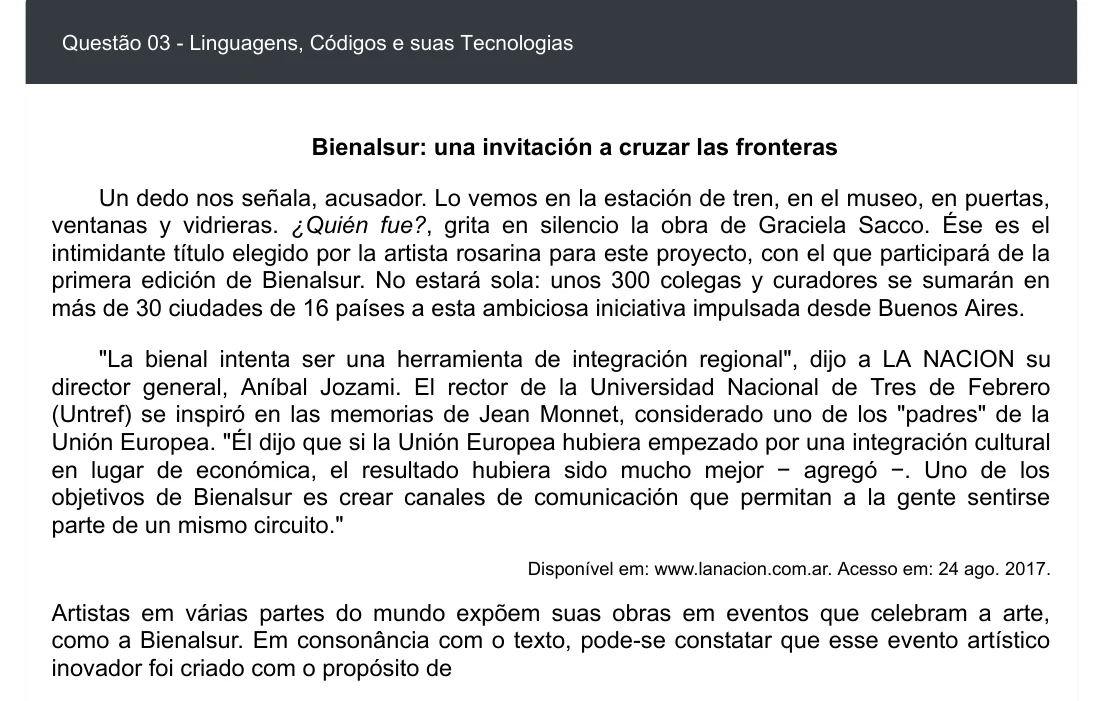 Enunciado visual completo da questão 3 do ENEM 2020 - 1º Dia - Caderno 4 – Rosa – Espanhol – Aplicação digital, página 7.