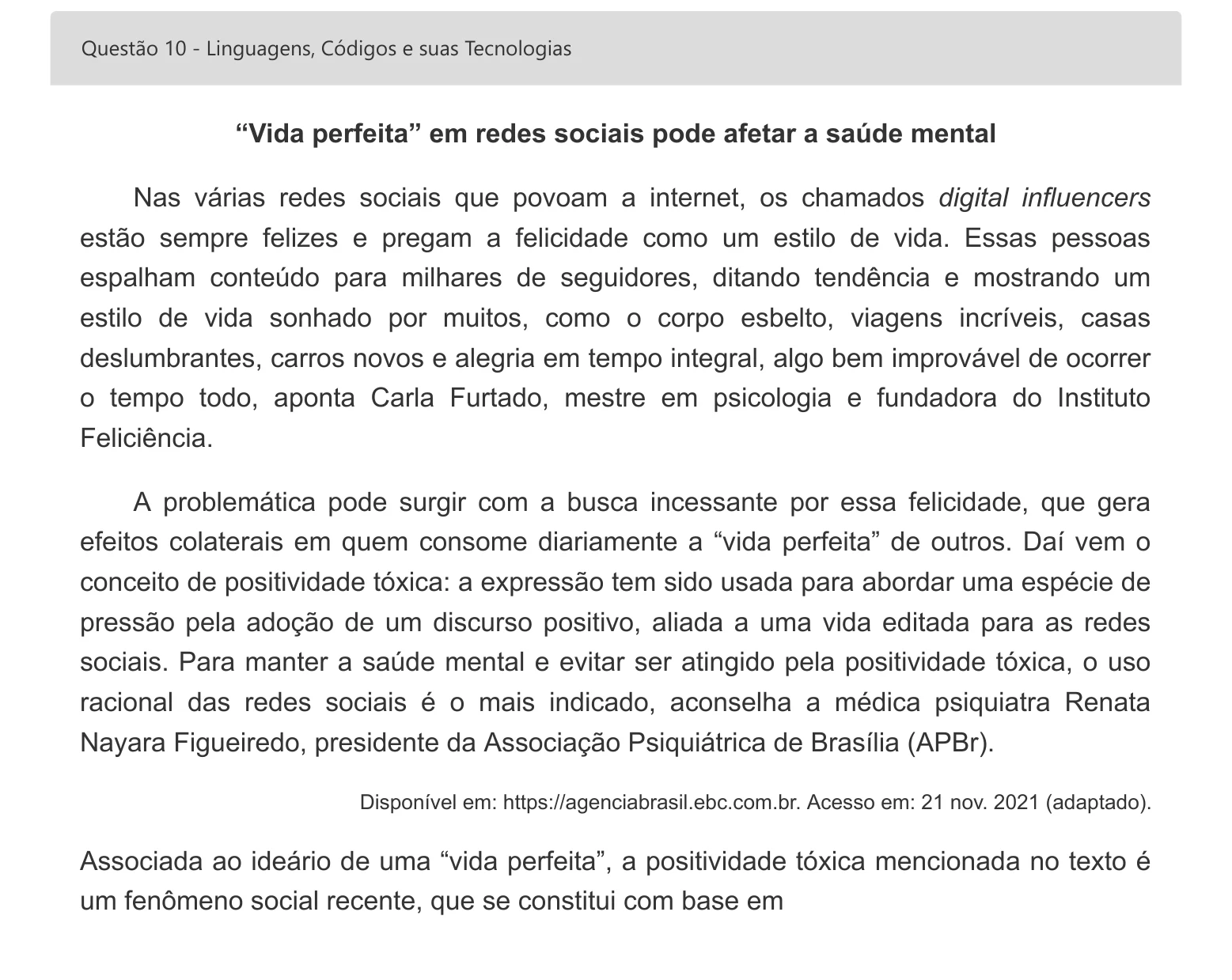 Enunciado visual completo da questão 10 do ENEM 2022 - 1º Dia – Caderno 2 – Amarelo – Inglês – Aplicação digital, página 17.