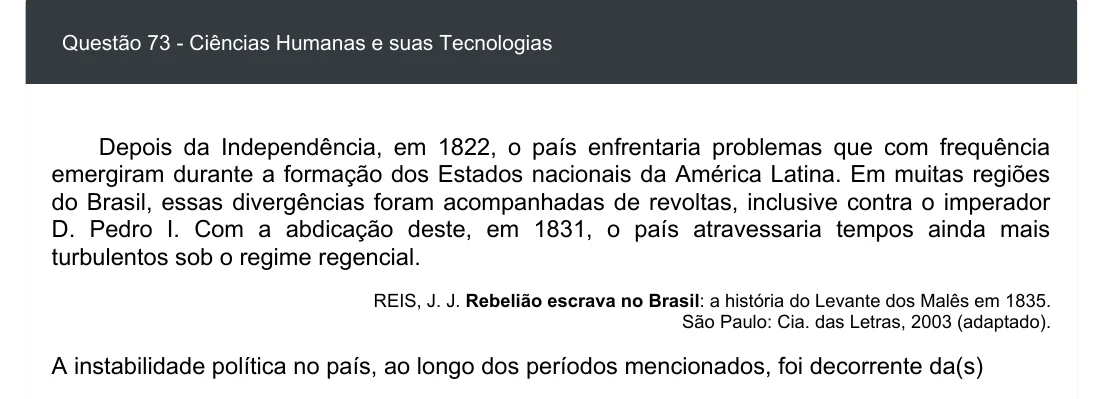 Enunciado visual completo da questão 73 do ENEM 2020 - 1º Dia - Caderno 4 – Rosa – Espanhol – Aplicação digital, página 81.