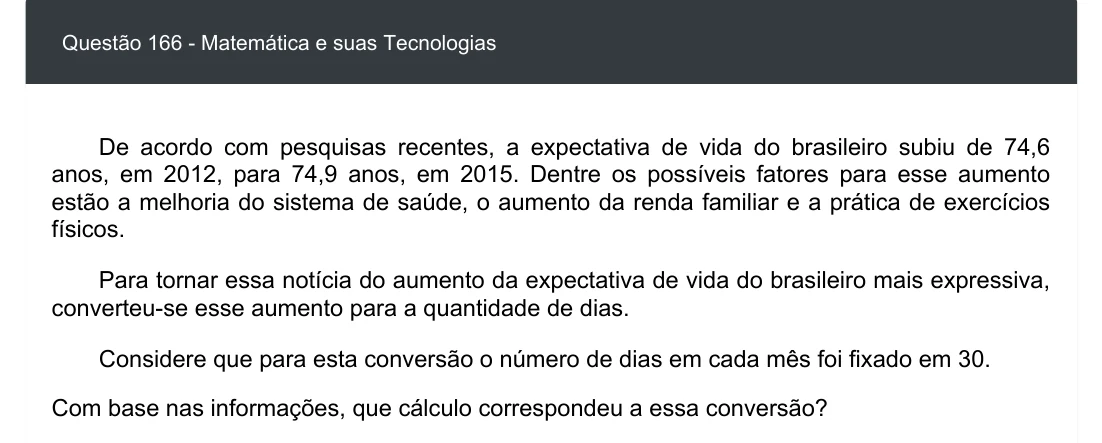 Enunciado visual completo da questão 166 do ENEM 2020 - 2º Dia - Caderno 5 – Amarelo – Aplicação digital, página 82.