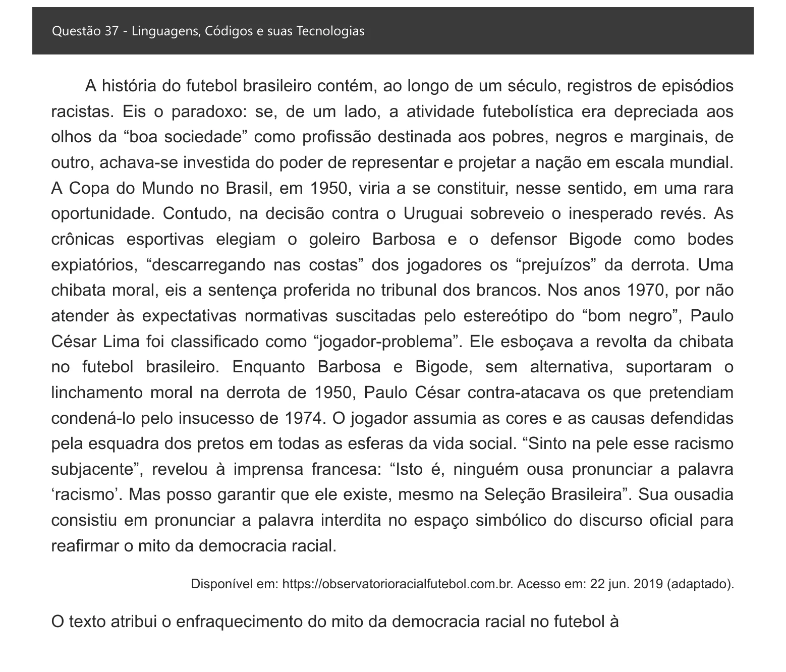 Enunciado visual completo da questão 37 do ENEM 2021 - 1º Dia – Caderno 2 – Amarelo – Inglês – Aplicação digital, página 42.
