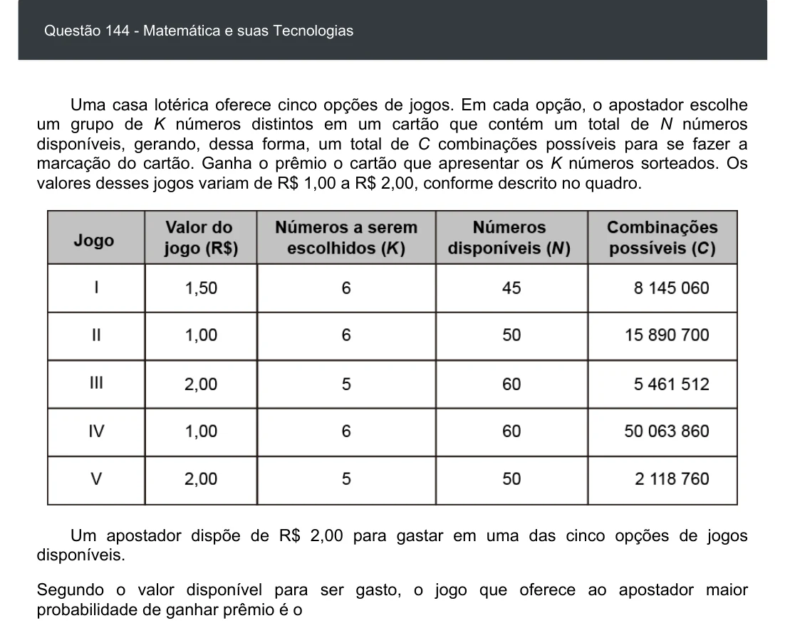 Enunciado visual completo da questão 144 do ENEM 2020 - 2º Dia - Caderno 6 – Cinza – Aplicação digital, página 59.